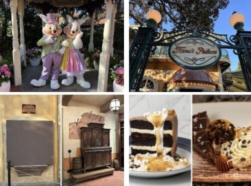 Two costumed rabbits in pastel outfits at Tiana's Palace, a restaurant sign, an outdoor seating area, and three plated desserts displayed in a 2x3 grid.