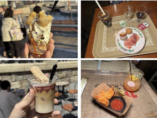 Four images: Food and Wine Festival treats at Tokyo DisneySea 2025—desserts, appetizers, fried chicken, and a jug drink.