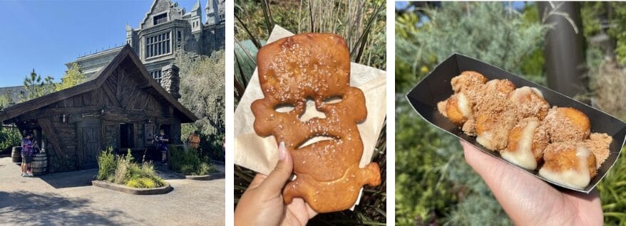 Three images: De Lacey's Cottage, a skull-shaped pretzel, and doughy dumplings topped with brown sugar.