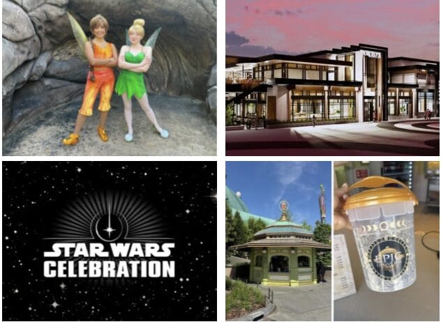 Daily Recap: Four photos—Tinker Bell and friend, modern building, Star Wars Celebration logo, Disney snacks and scenery.
