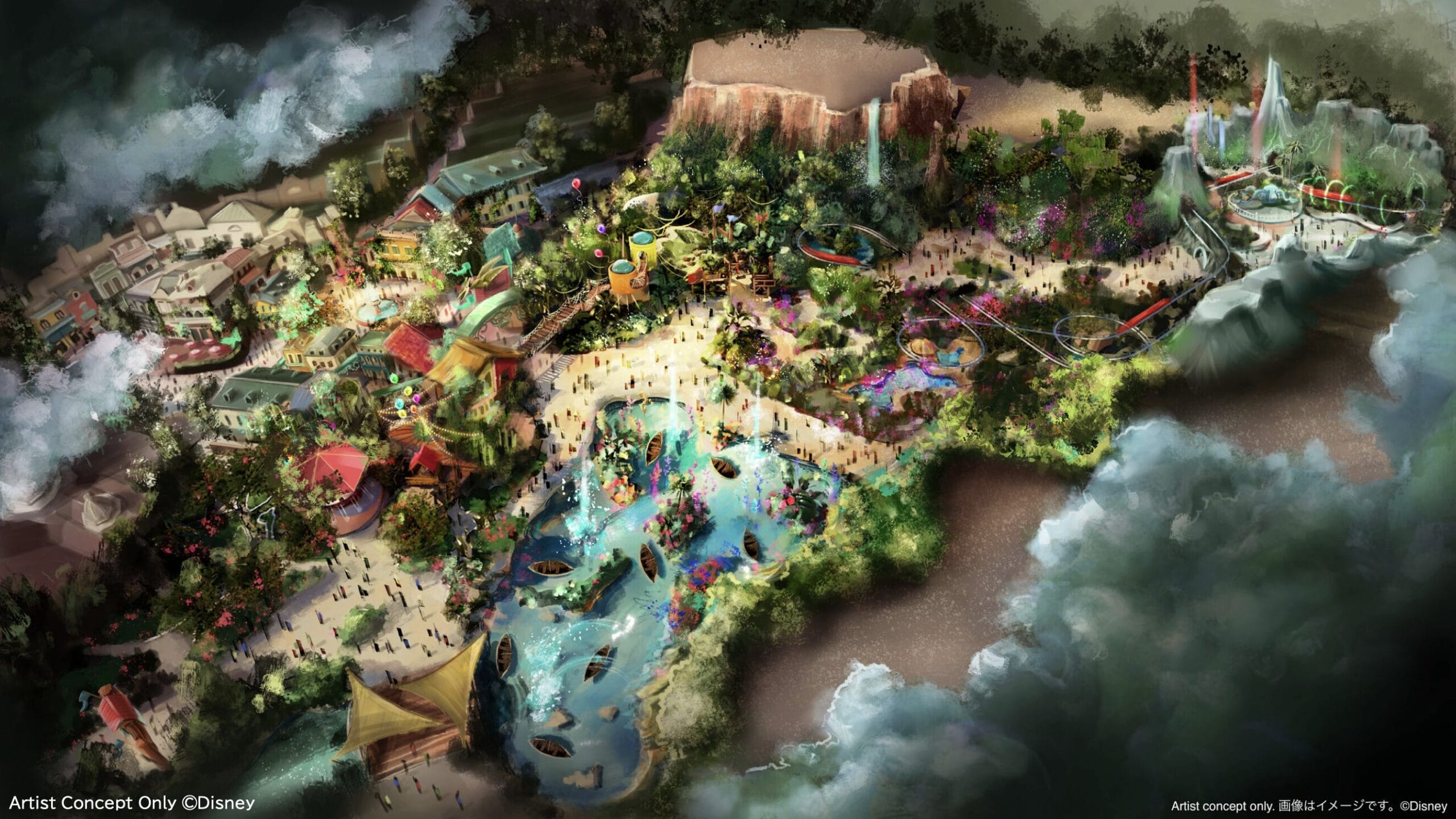 A colorful, bustling theme park with lush greenery and winding paths, reminiscent of Tokyo Disney or Pixar's UP.