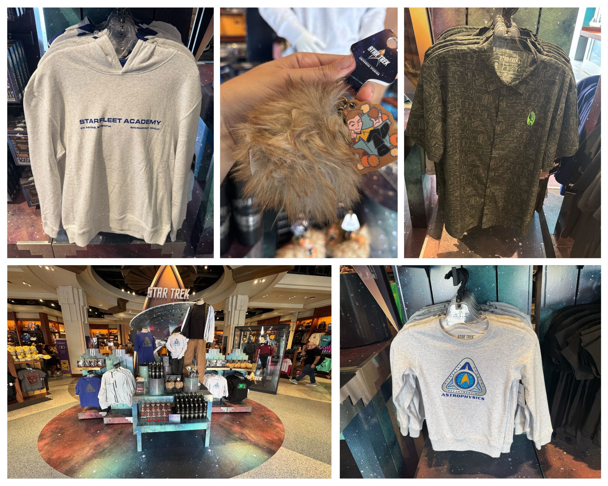 Collage of Star Trek merchandise: shirts, Tribble plush, and keychains at Universal Studios Hollywood retail store.