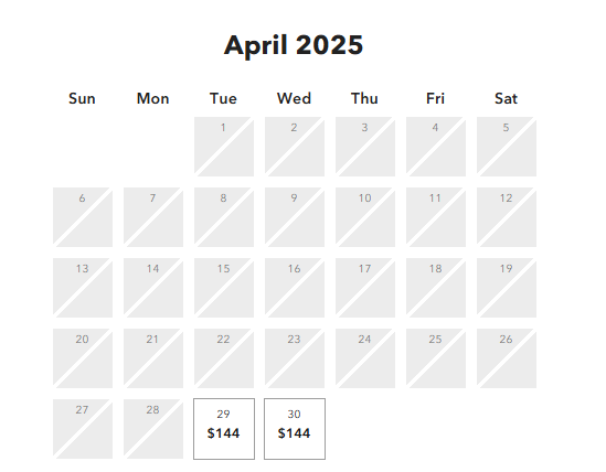 April 2025 calendar shows $144 on April 29–30 for Epic Universe Preview Tickets at Universal Orlando; other dates grayed out.