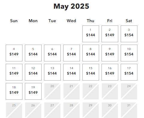 A May 2025 calendar for 1-Day Epic Universe tickets; daily prices mostly $144, weekends higher, last week grayed out.