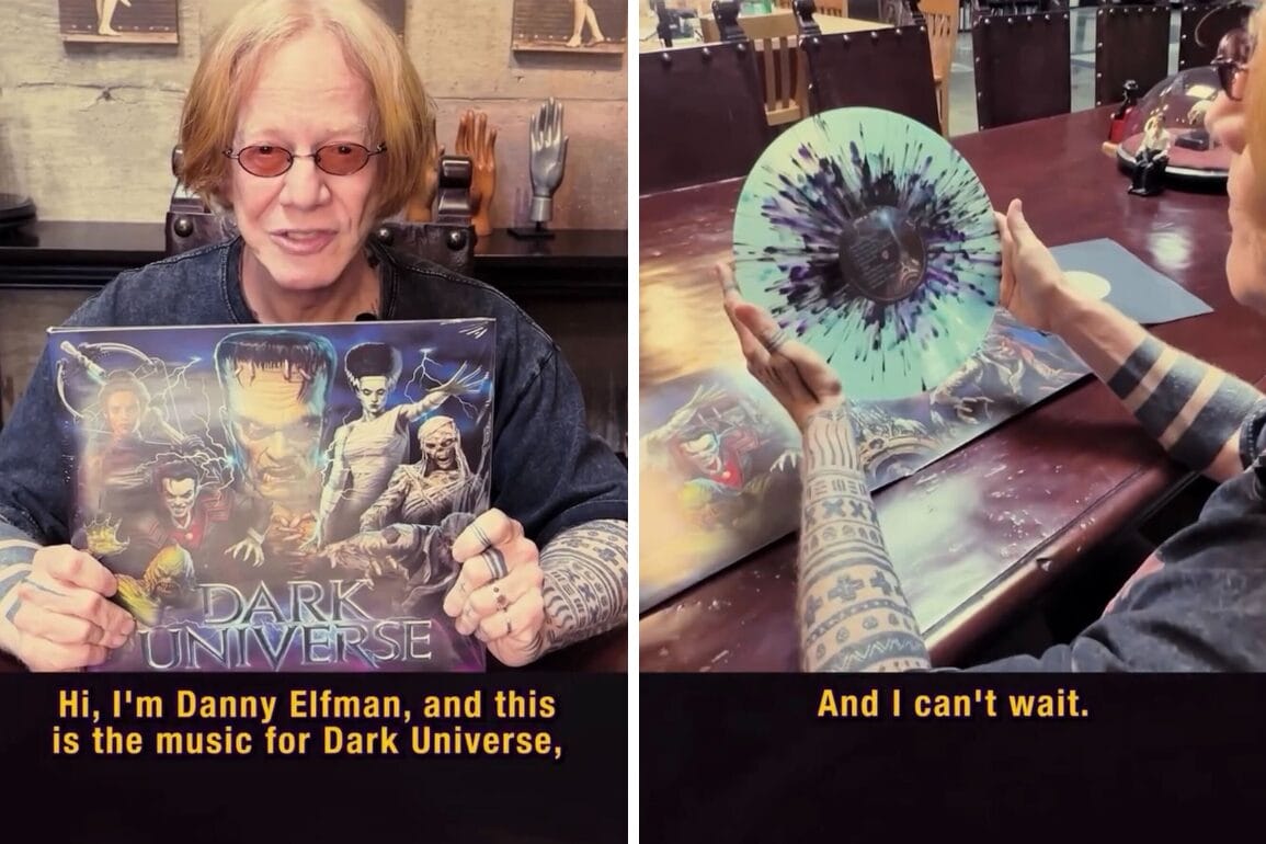 Danny Elfman holds a "Dark Universe Score" vinyl, showing the colorful record and sharing his excitement for the music.