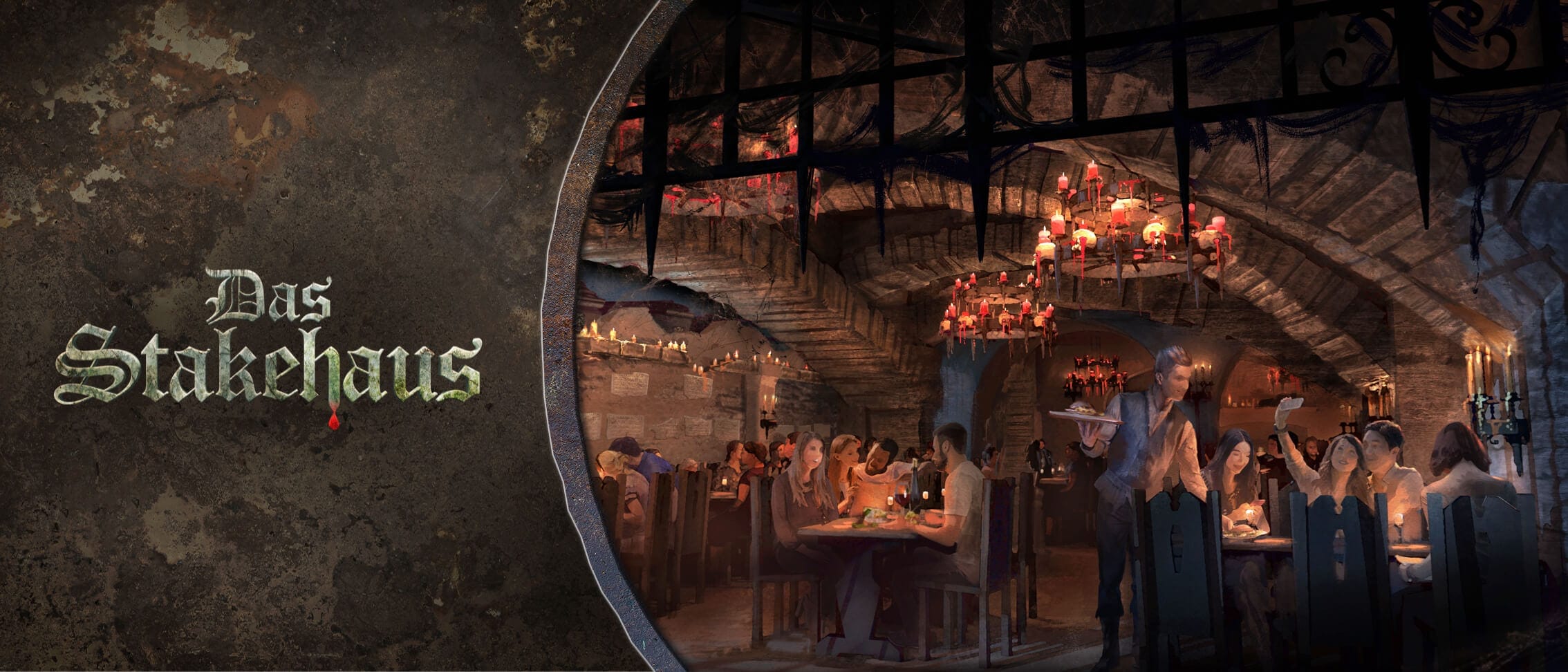 People dine in a dim, stone-walled eatery with gothic chandeliers; text reads "Das Stakehaus.