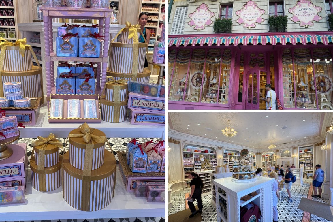 A bakery by K. Rammelle with elegant gift boxes, striped tins, and a bright, pastel storefront bustling with customers.