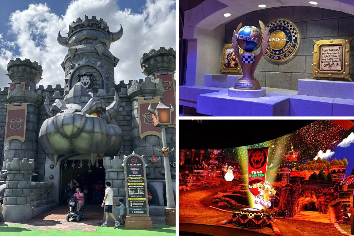 Collage showing Bowser’s Castle exterior, a Universal trophy display, and a Mario Kart Bowser’s Challenge racing scene inside the Epic Universe theme park attraction.