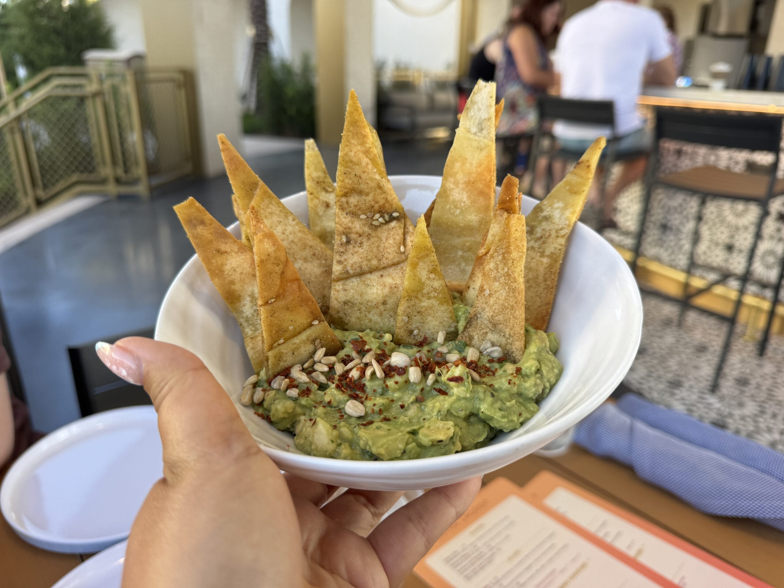 A hand holds a bowl of guacamole topped with seeds and spices, served with several triangular tortilla chips arranged upright—a colorful snack inspired by the tranquility of Lotus Lagoon.