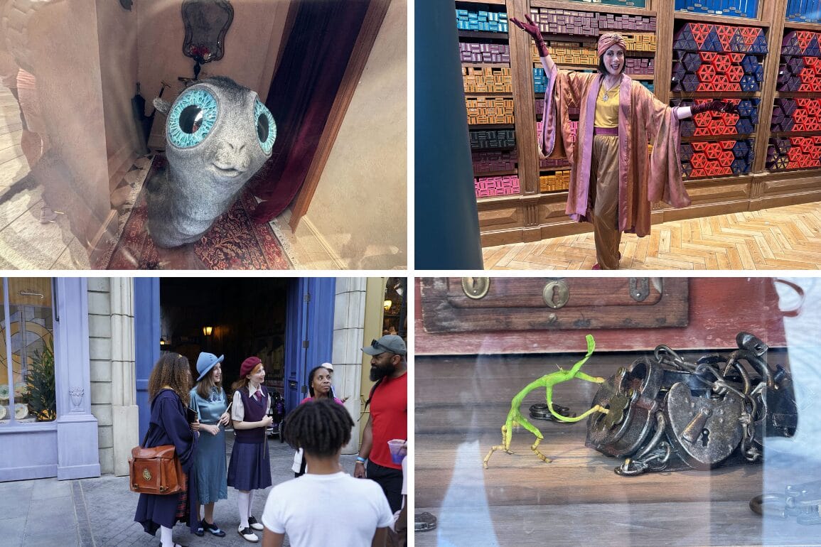 Four images: a magical creature with blue eyes, a robed performer, students talking, and lizards by vintage locks in a shop display.