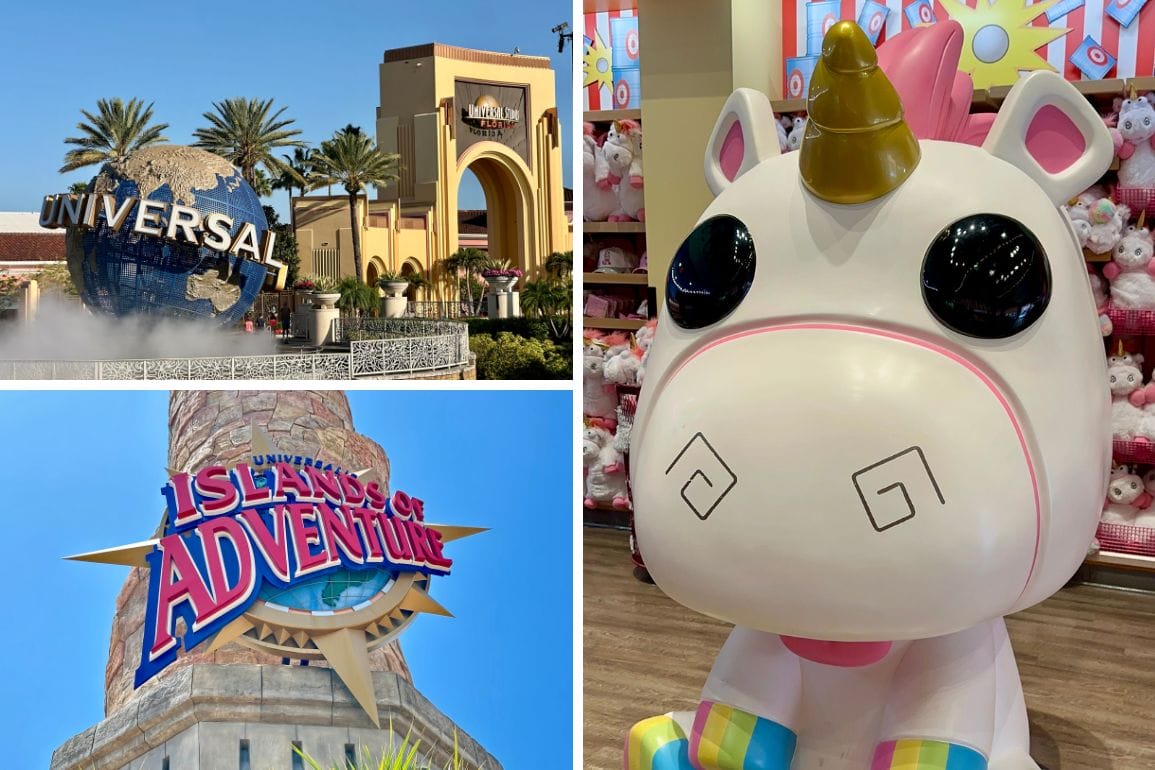 A vibrant collage captures the essence of Universal Orlando Resort, showcasing the iconic globe and archway, Islands of Adventure's lighthouse, and a large plush unicorn in a store. Just imagine savoring Butterbeer Treats as you explore this magical world.