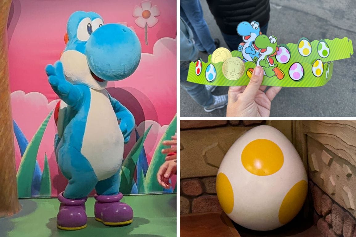 A blue Yoshi mascot, Yoshi-themed wristband, and a giant yellow egg at Universal Studios Hollywood Egg Hunt.