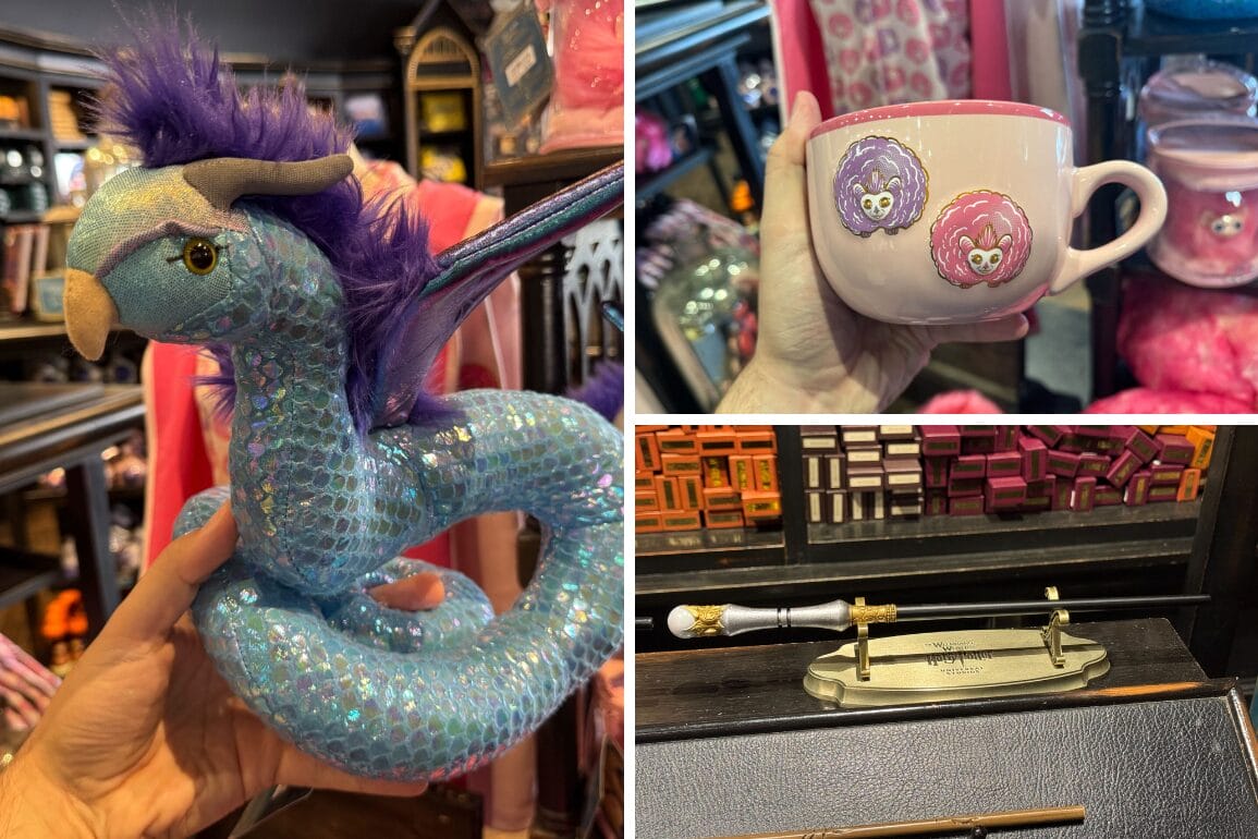 Collage: Plush blue dragon, white mug with pastel animal faces, and a Harry Potter wand on display in a store.