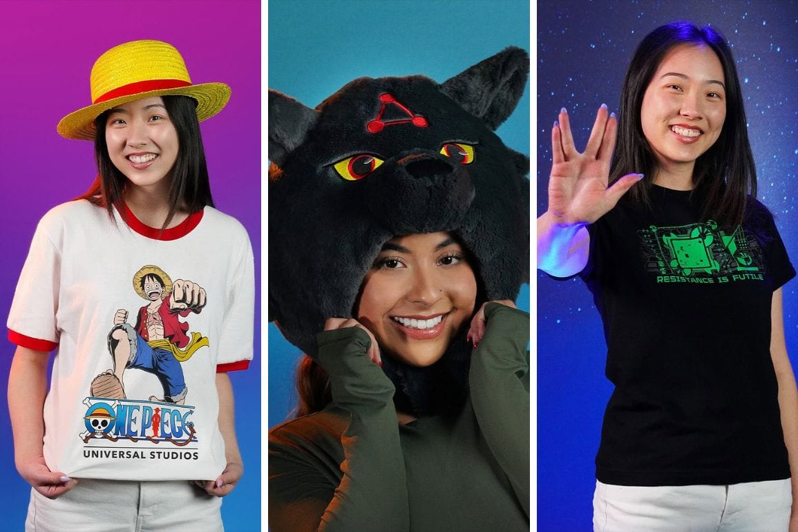 At Fan Fest Nights, three women pose individually: one sports a straw hat and anime shirt, another dons a large black cat headpiece, and the third gives a Vulcan salute in a sci-fi themed shirt.