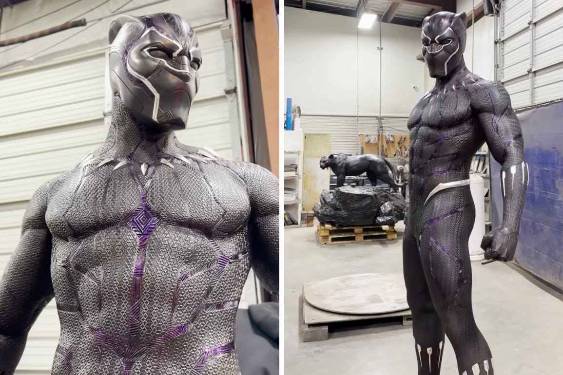 Two angles of a life-sized Black Panther statue in a workshop, showcasing detailed textures and design elements reminiscent of Disney’s enchanting craftsmanship.