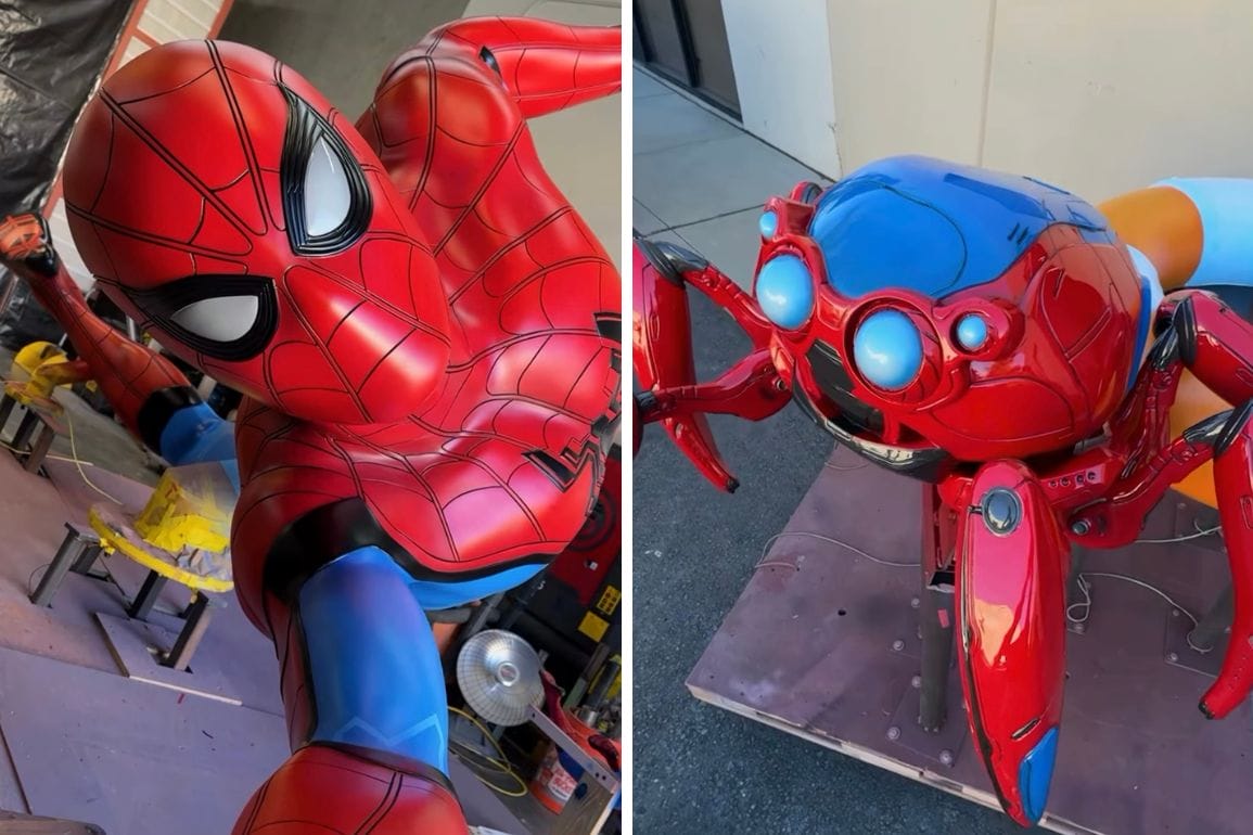 Two images: Left, a Spider-Man figure in a web-shooting pose. Right, a robotic spider-like device with a red and blue metallic design, resembling Spider-Man's costume—a match made in Disney's destiny of innovation.