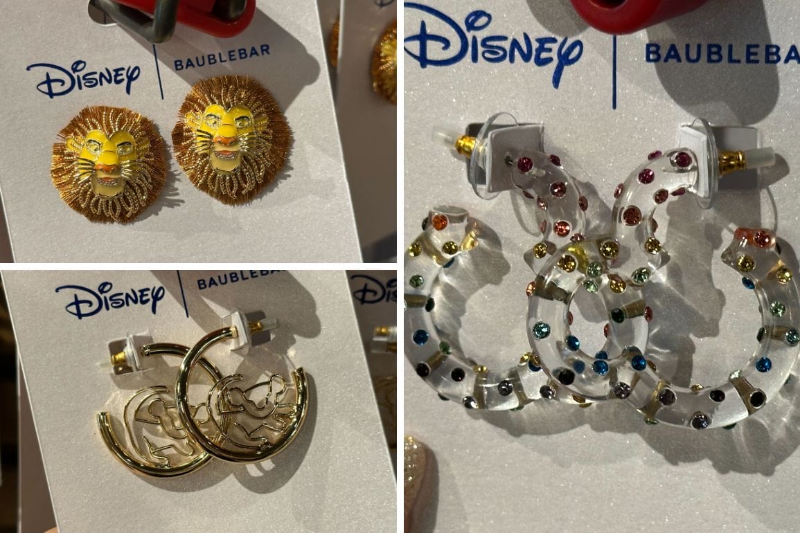Discover the enchanting BaubleBar Disney earrings collection featuring Simba earrings with a regal lion head design, circular pieces showcasing beloved character silhouettes, and vibrant multicolored gem-studded hoops—all beautifully presented on display cards.