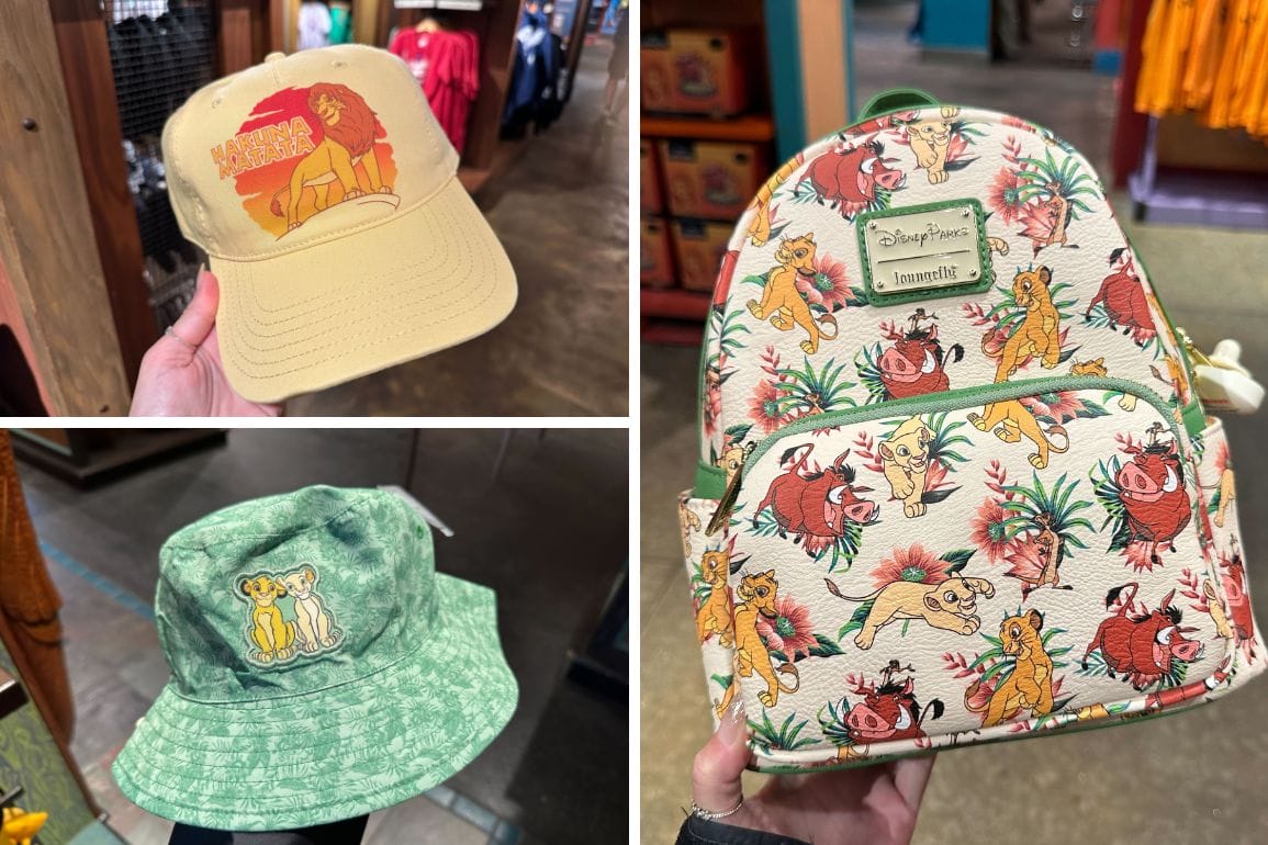 Discover the Lion King merchandise display that brings the magic of Walt Disney World to life. Featuring a yellow cap with Simba, a green bucket hat with Simba and Nala, and a Loungefly patterned backpack adorned with Simba, Timon, and Pumbaa.