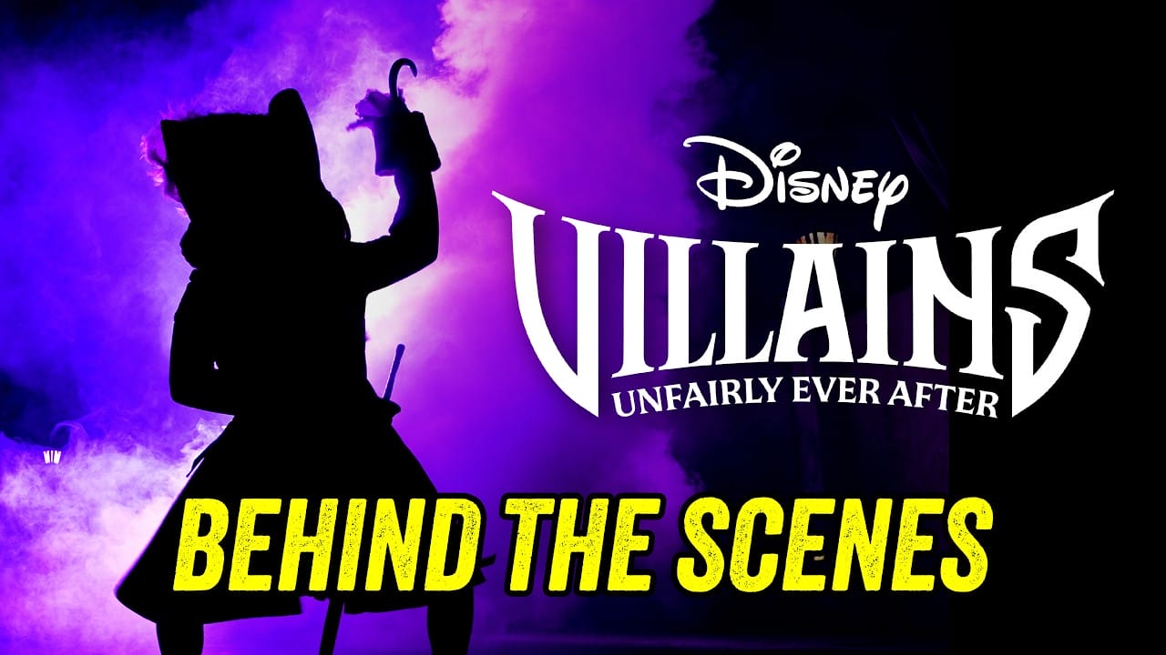 Silhouette of a person in costume holding a hook, with purple smoke in the background and text: "Disney Villains Unfairly Ever After Behind the Scenes.” Catch a FIRST LISTEN at exclusive moments you won’t want to miss.