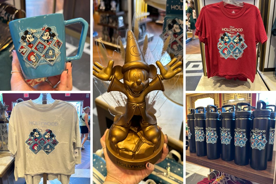 Collage of Disney merchandise: mug, sweatshirts, red shirt, gold Mickey statue, and black water bottles in a store.