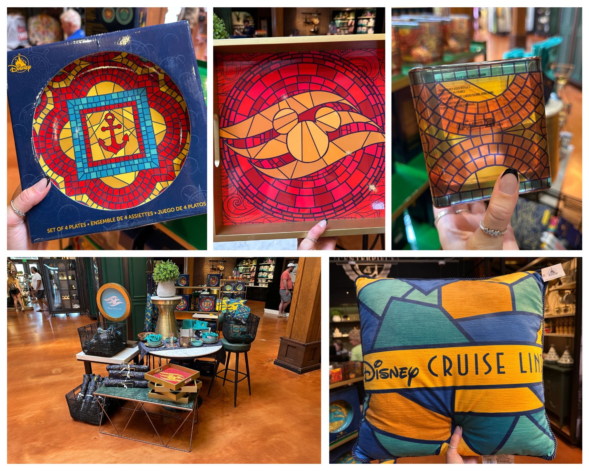 Collage of the Disney Cruise Line Houseware Collection, featuring plates, a tray, drinkware, and a bright pillow on display.
