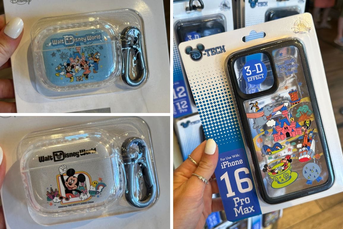 Discover Disney-themed phone accessories perfect for Play in the Parks Merchandise at Disney Springs. Featuring Disney World AirPods case covers and a vibrant 3D-effect iPhone 16 Pro Max case, all beautifully displayed in packaging.