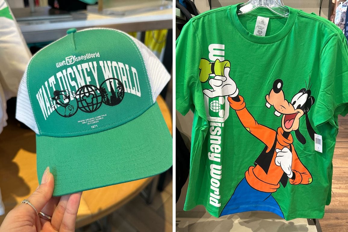 Green baseball cap and T-shirt with "Walt Disney World" text. The cap, perfect for a day at Disney Springs, has Mickey Mouse silhouettes, while the Goofy T-shirt showcases a cartoon character wearing an orange vest and green hat.