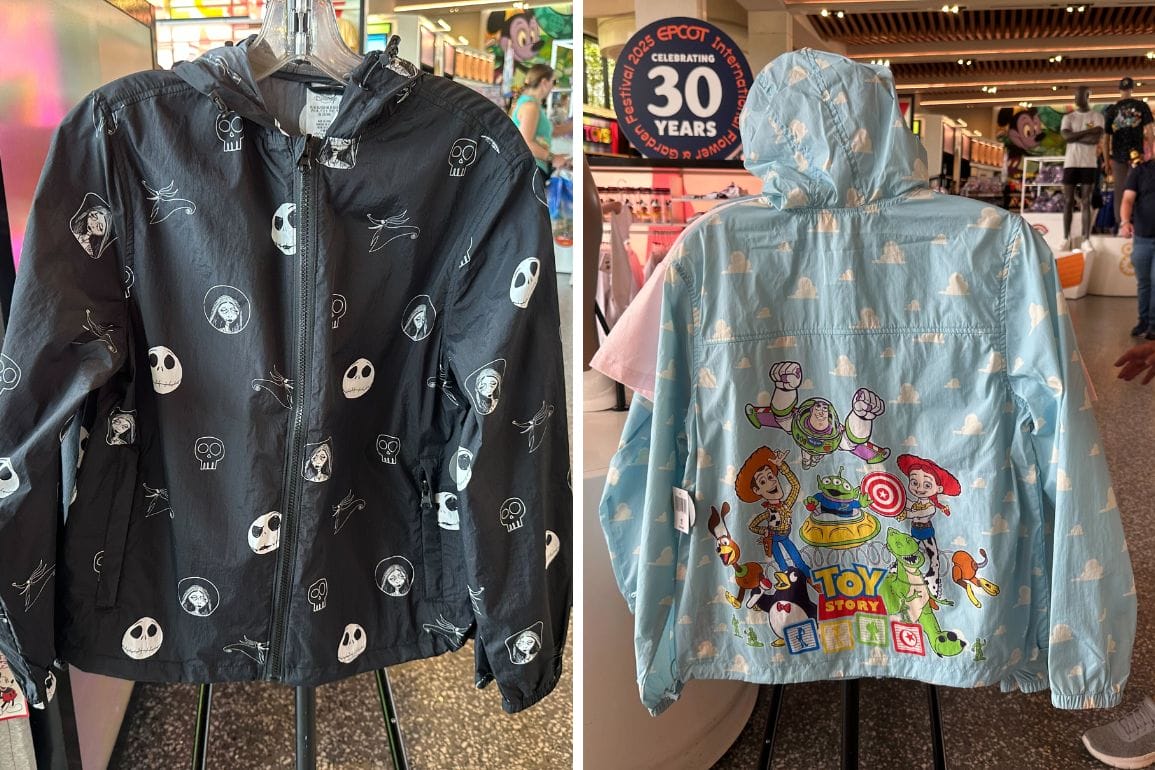 Two jackets on display: the left features "Nightmare Before Christmas" skull designs in black and white, while the right is a light blue homage to "Toy Story," adorned with characters and cloud patterns—both stylish options for your packable jacket collection.