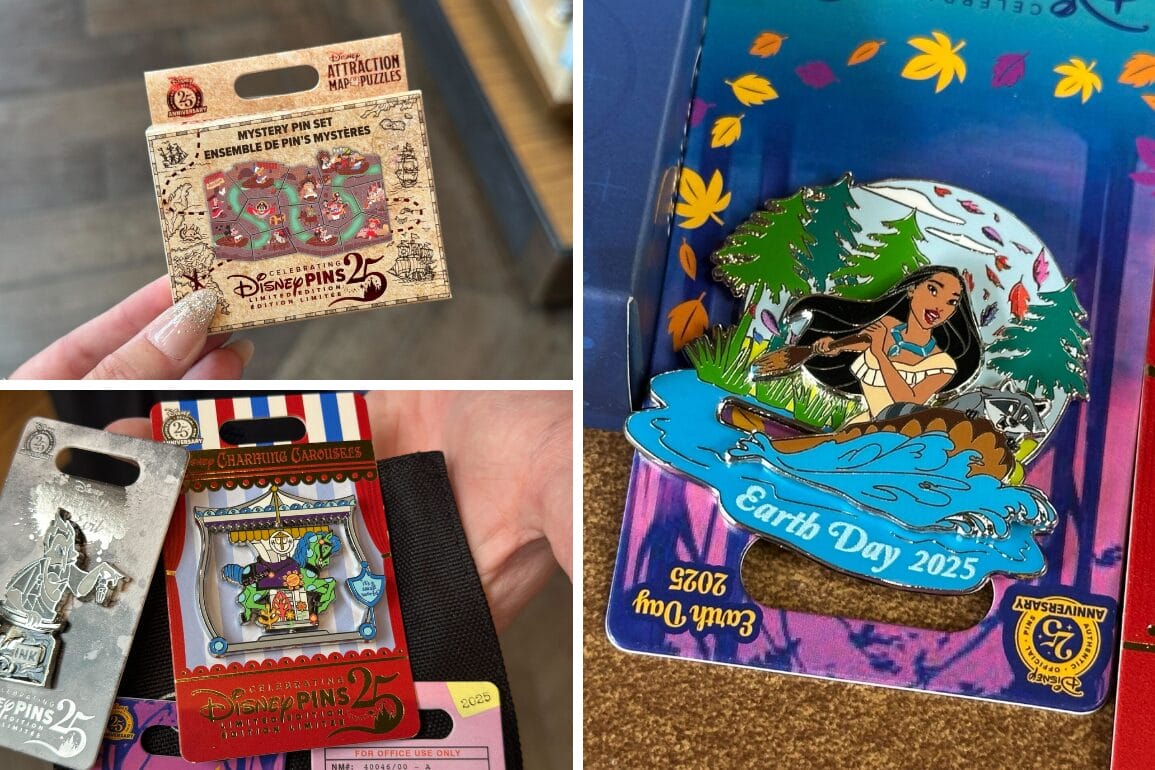 A collage of Disney trading pins, featuring a 25th anniversary mystery pin set, a Carousel of Progress pin, and a Pocahontas Earth Day 2025 pin.