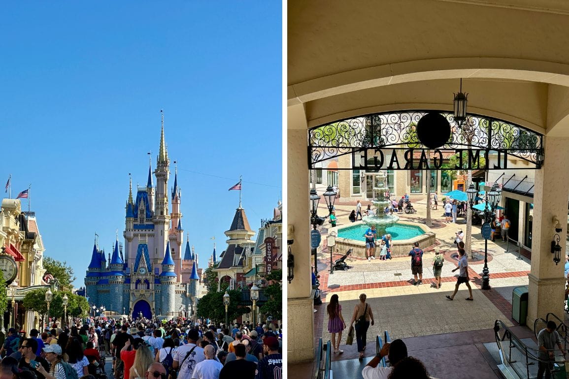 Split image: Left shows a crowded Magic Kingdom castle; right shows people near a fountain and “MAIN STREET” archway.