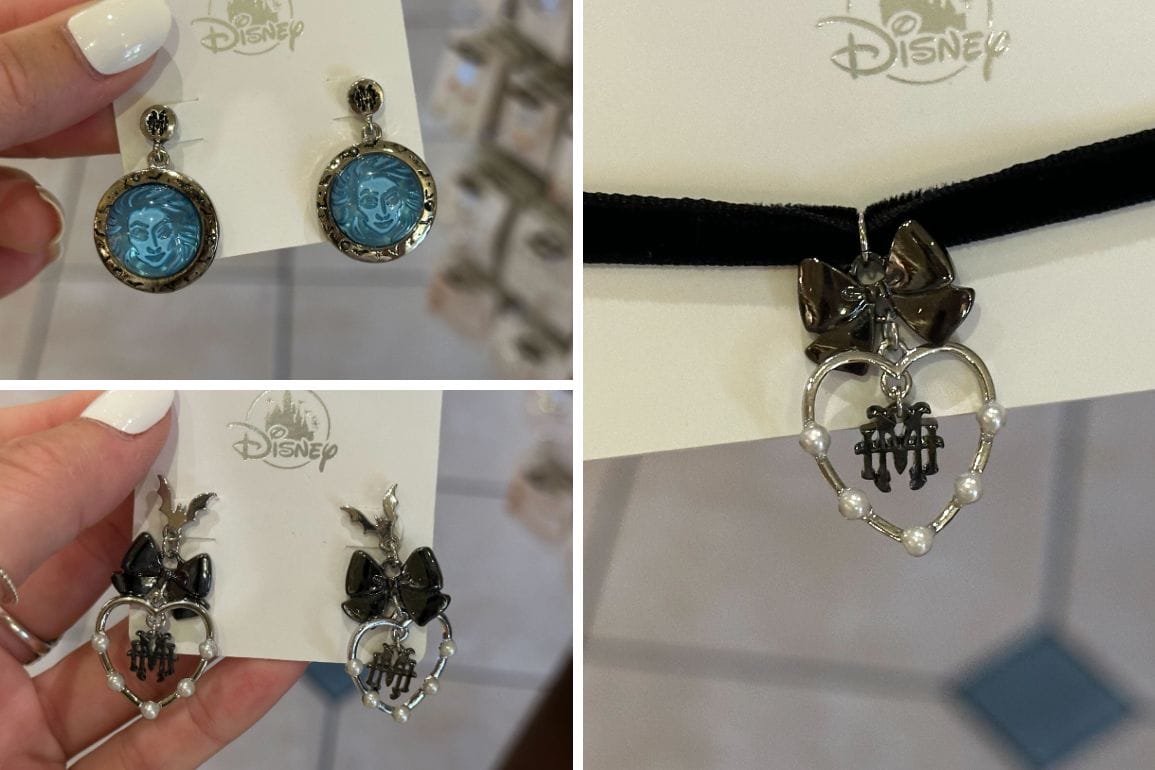 Three images showcasing Disney-themed jewelry on display, including blue earrings with character portraits, heart-shaped earrings adorned with black bows, and a matching heart necklace featuring pearls. This collection adds a touch of Magic Kingdom charm to your accessory lineup.
