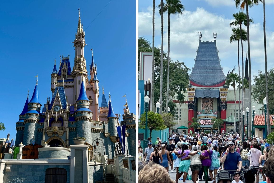 Split image: Left shows Cinderella Castle at Magic Kingdom; right shows a crowded entrance to a theme park attraction.