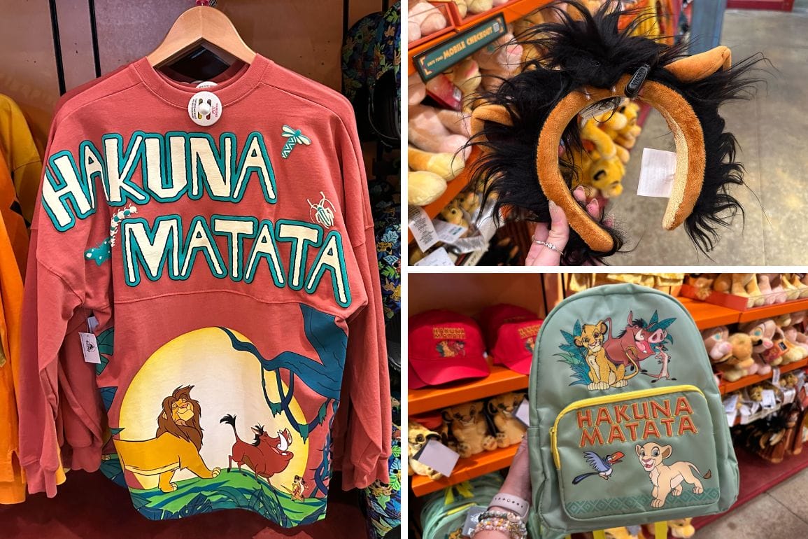A display of The Lion King merchandise includes a "Hakuna Matata" sweatshirt, a themed headband with a black mane, and a backpack featuring Simba and Timon.