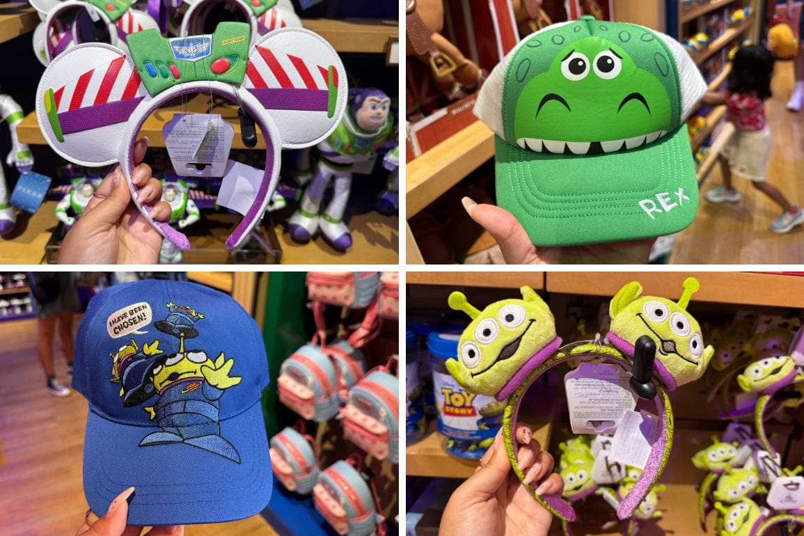 Four images showcase Toy Story-themed merchandise, including a Buzz Lightyear Ear Headband, Alien headbands, a Rex hat, and a blue cap featuring Buzz and Zurg.