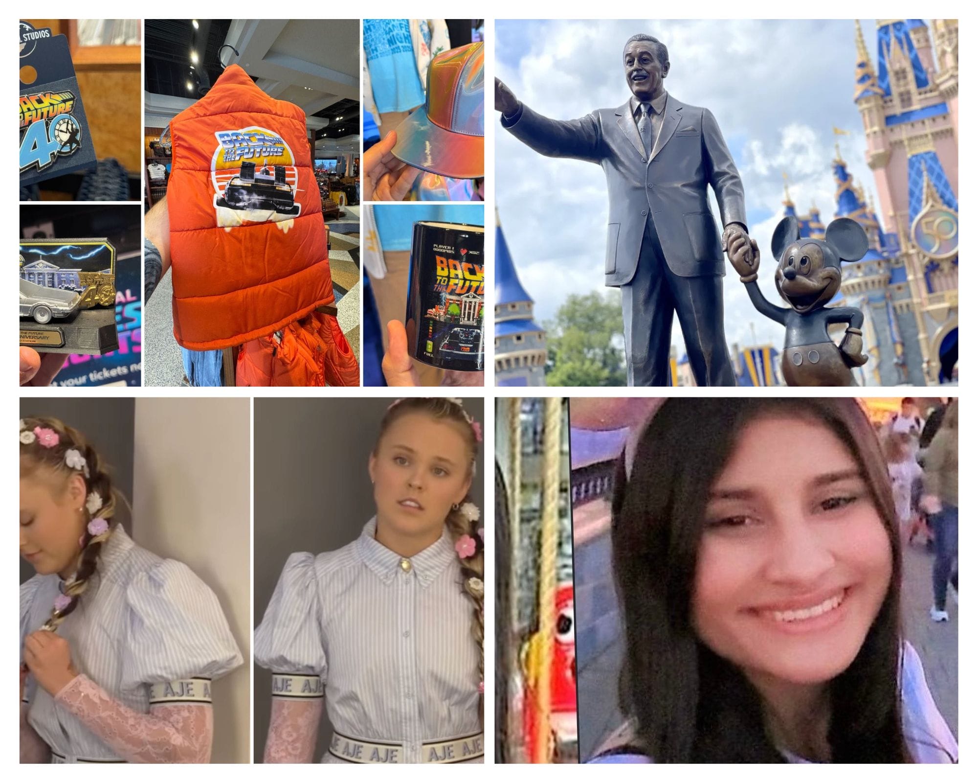 Daily Recap: Collage of Disney fun, Back to the Future merchandise, and the iconic Walt Disney and Mickey Mouse statue.