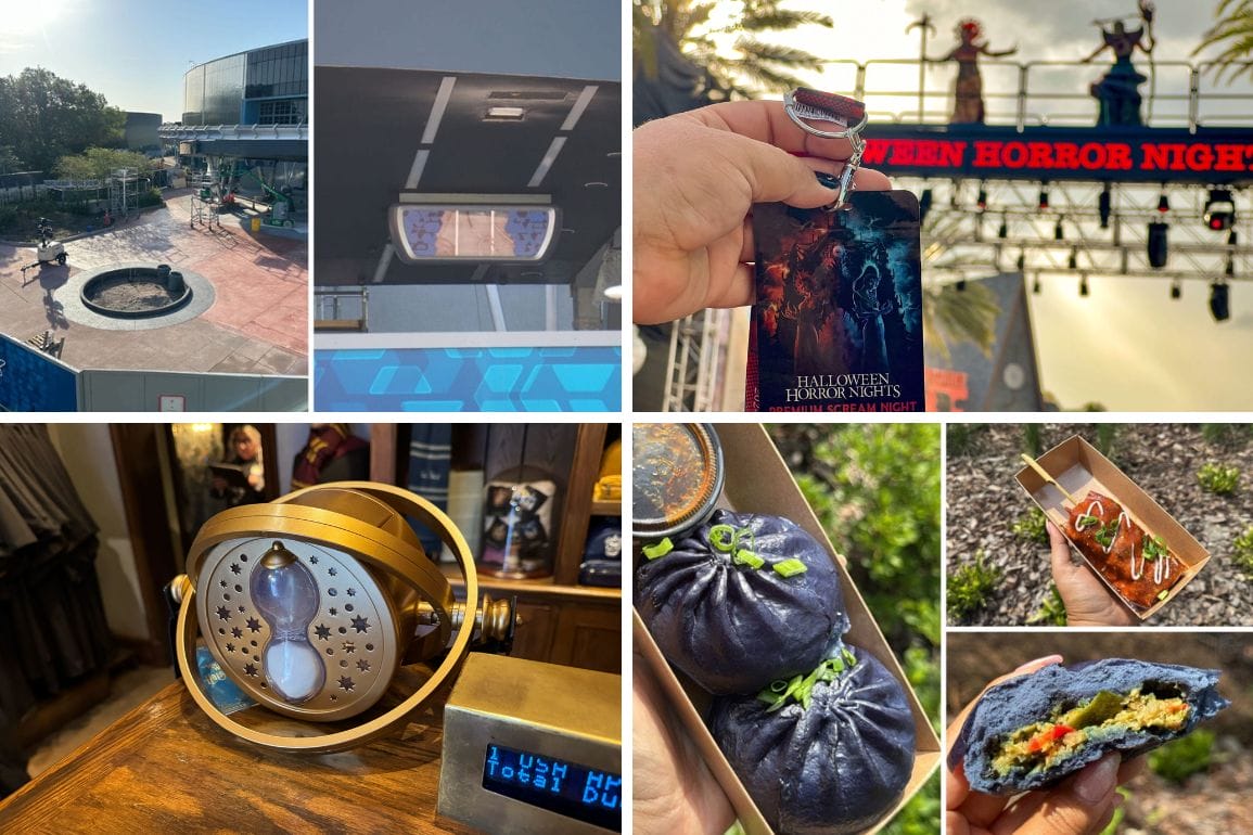 A collage of theme park scenes, food, event lanyard, new signs, and a steampunk-style clock.