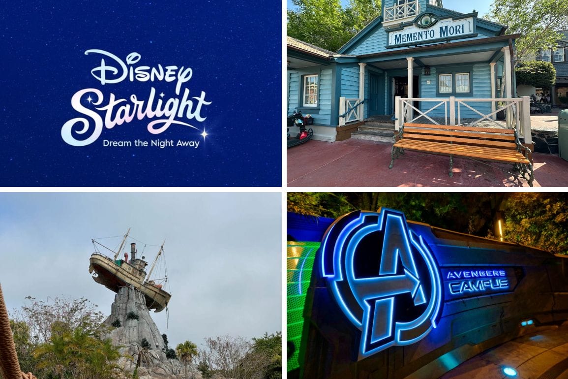 A Daily Recap collage: Avengers Campus, Memento Mori, ship on a mountain, and Disney Starlight Nighttime Parade logo.