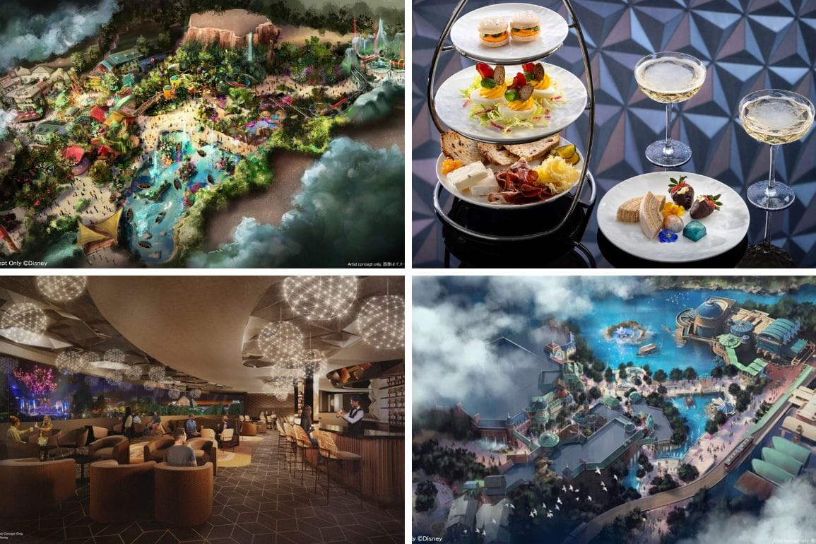 Collage of Tokyo Disney’s map, elegant afternoon tea, modern lounge, and Jungle Cruise aerial view.