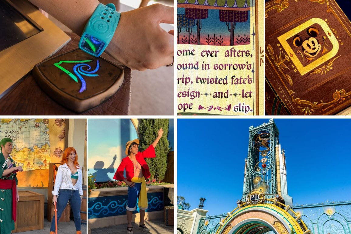 Collage of Disneyland images: MagicBand+, storybook, fairytale text, costumed characters, and Universal’s Volcano Bay.