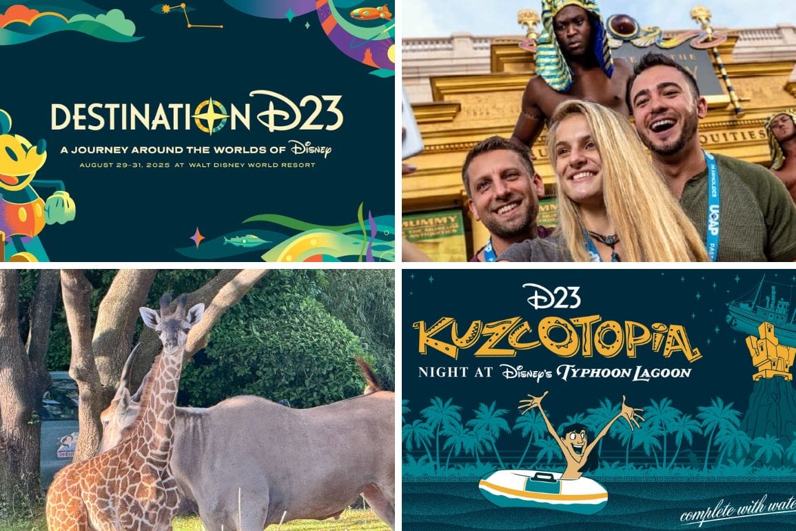 A vibrant collage captures the magic of Destination D23, showcasing a Disney-themed event poster, a lively group photo at an outdoor venue, giraffes roaming freely in a zoo, and a whimsical "Kuzcotopia" night poster filled with beloved Disney characters.