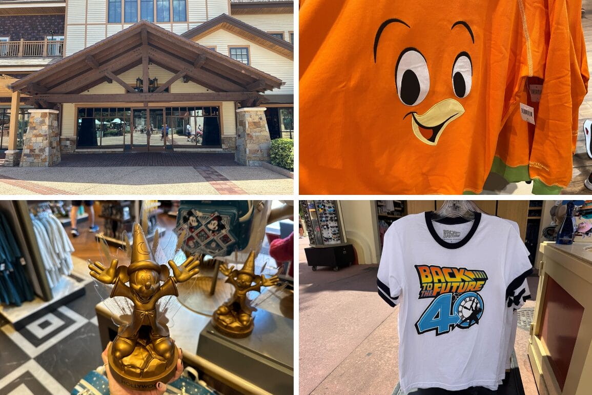 Daily recap collage: building entrance, orange shirt with cartoon bird face, gold wizard statue, and Back to the Future 40th shirt.
