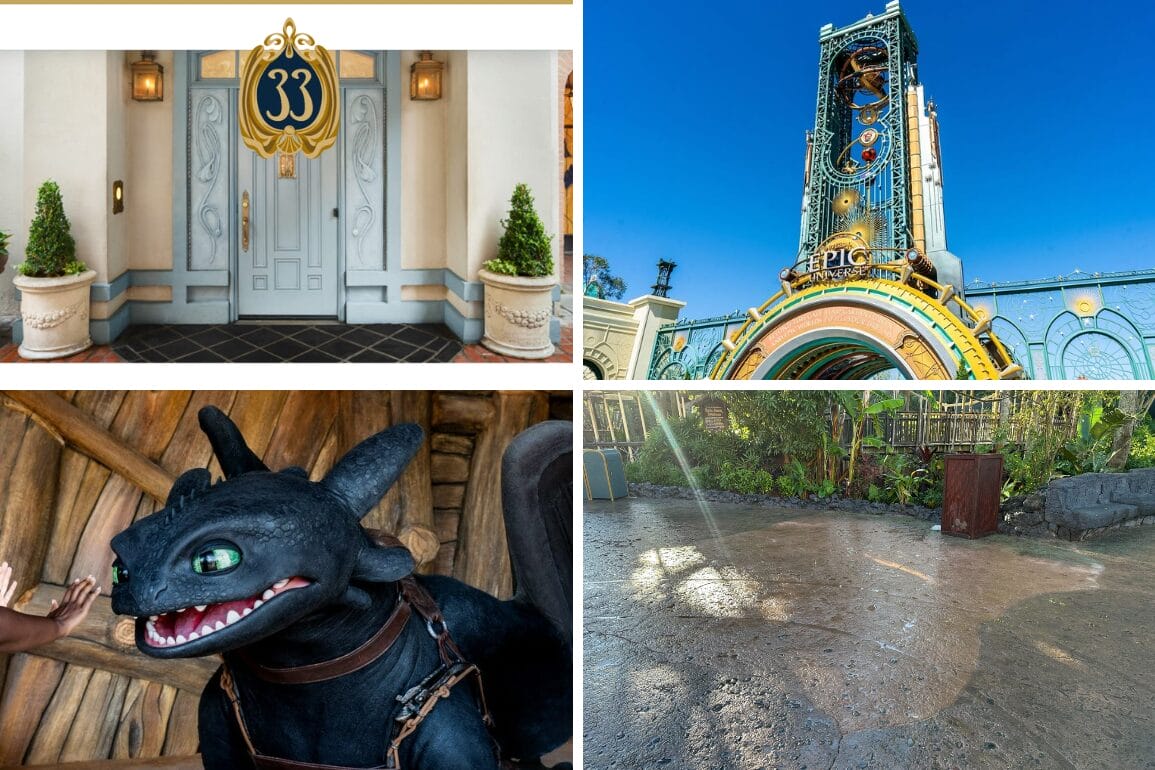 A captivating template showcases a collage of four images: the iconic Club 33 entrance, the vibrant Pixar Pier sign, a majestic Toothless statue, and an empty wet stone pathway in a serene garden.