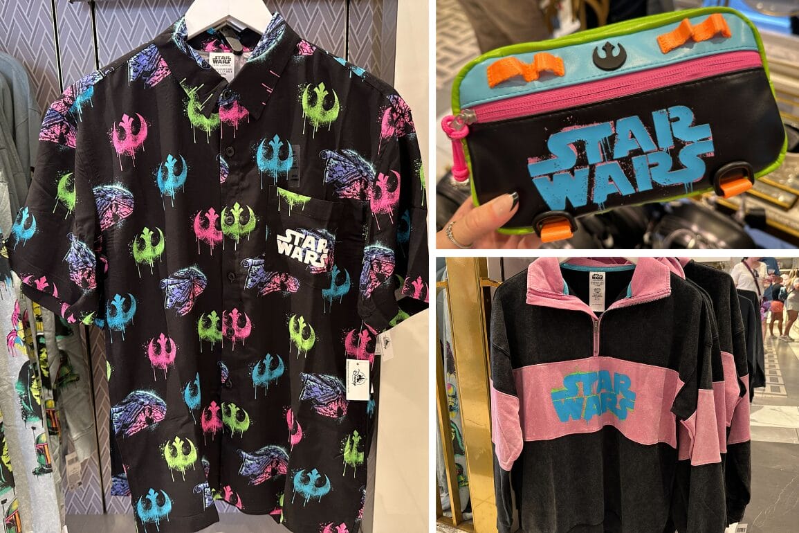 Star Wars-themed shirt, purse, and pullover by Ashley Eckstein on display with colorful logos and unique designs in store.