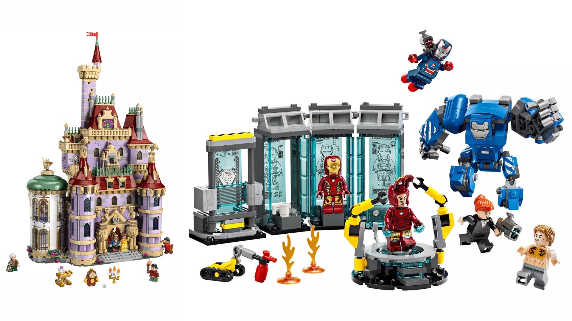 Dive into the magical world with a colorful LEGO set featuring a princess castle reminiscent of Beauty and the Beast Castle. Explore further to find Iron Man's Lab, complete with Iron Man suits and a blue robotic figure, connecting imagination with heroism.