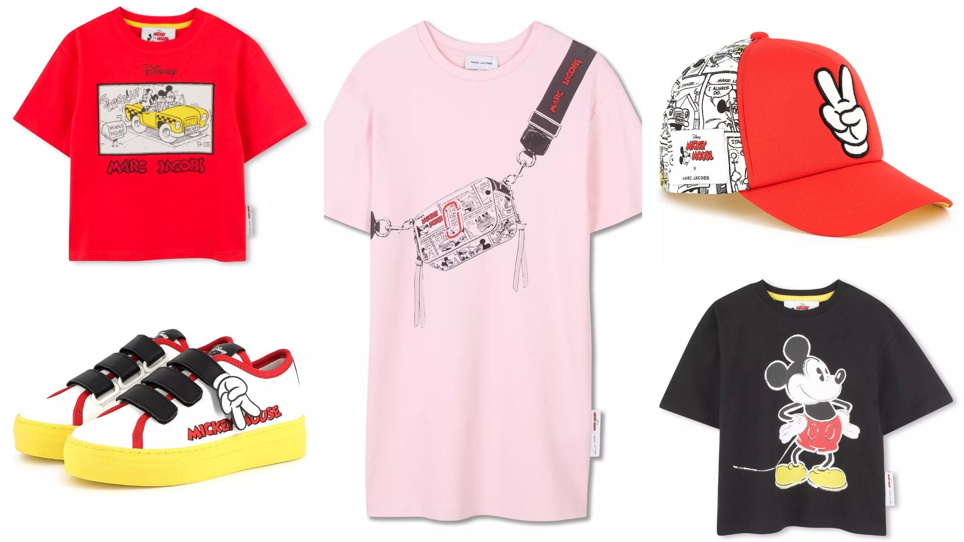 Discover the enchanting collection of Disney x Marc Jacobs clothing and accessories, all featuring Mickey Mouse. Enjoy three stylish shirts, a trendy pair of shoes, a pink crossbody bag, and a chic red and black cap. Perfect for any Disney fan!.