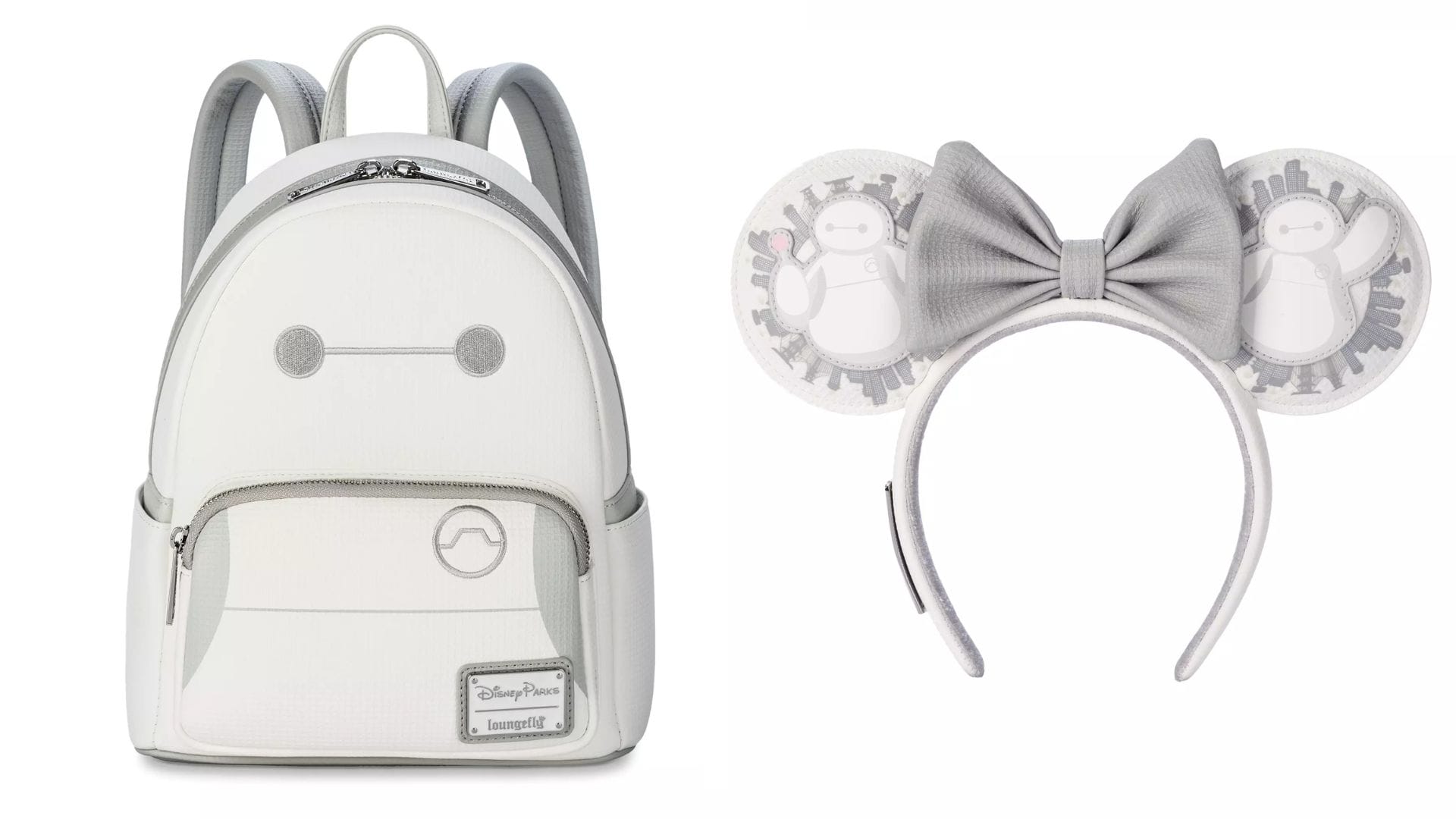 A white Baymax Loungefly Backpack with a simple face design sits next to a pastel gray Ear Headband featuring round ears and a bow, both perfectly themed after the lovable character Baymax.