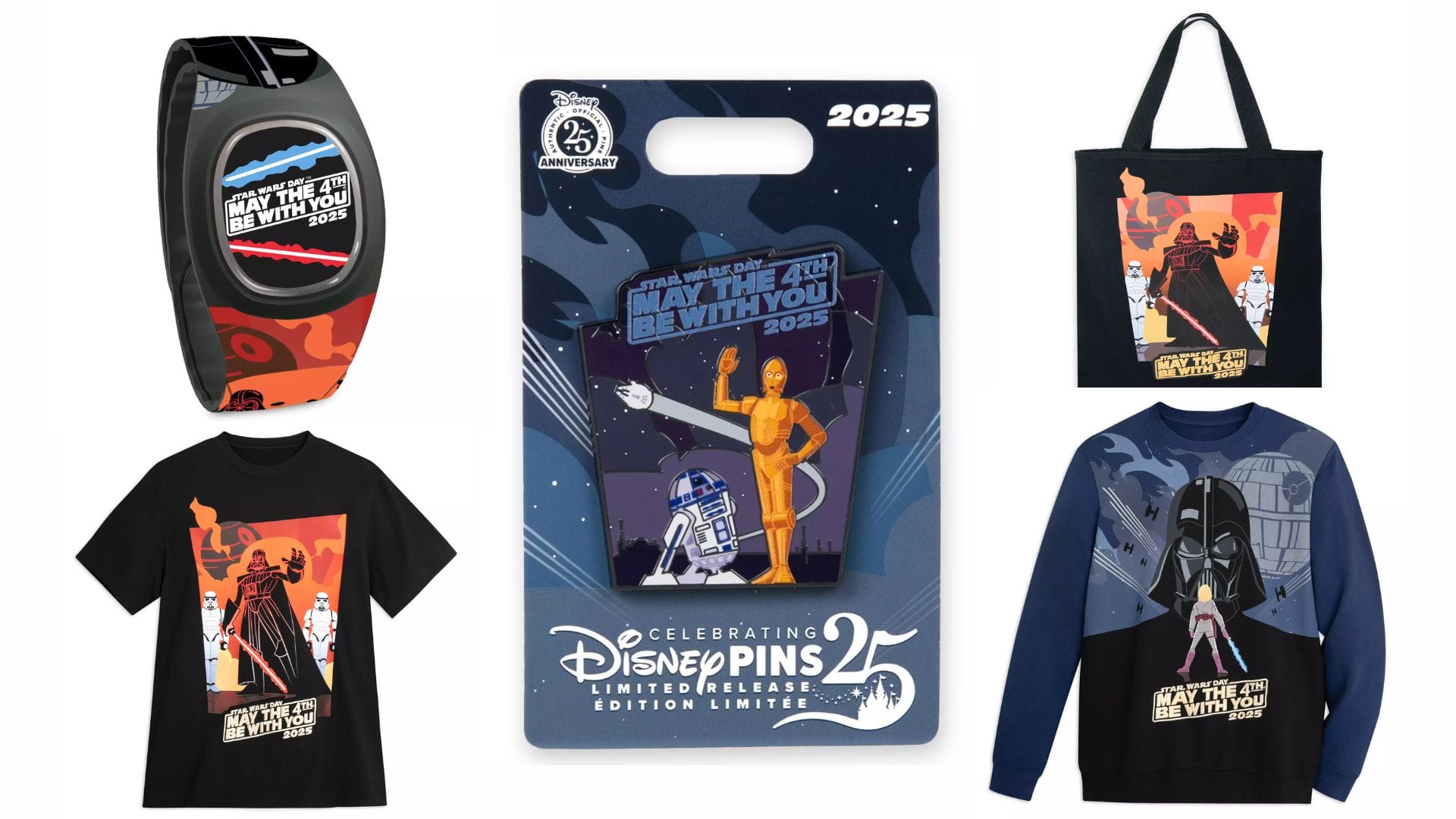 Celebrate Disney Pins' 25th Anniversary with our Star Wars Day collection! Featuring dated merchandise like T-shirts, a MagicBand, a pin, a tote bag, and a sweatshirt adorned with your favorite Star Wars characters. Perfect for May the 4th enthusiasts!.