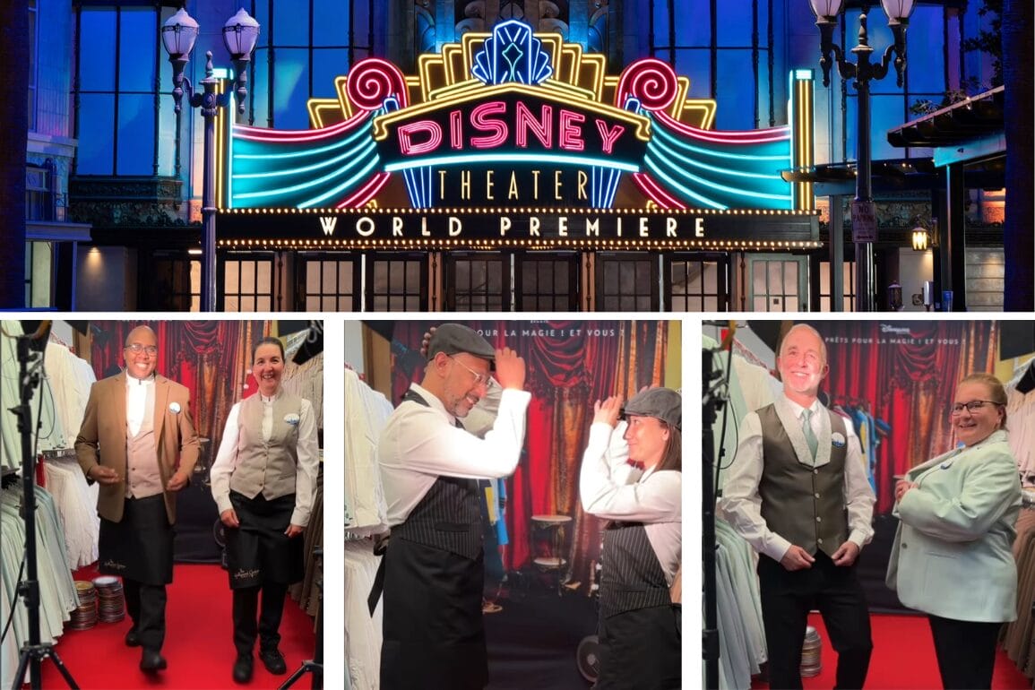 Three people pose playfully in front of a Disney Theater marquee, dressed in festive Cast Member Costumes. They seem to be celebrating or having fun, perhaps marking a special occasion like a World Premiere at Disneyland Paris.