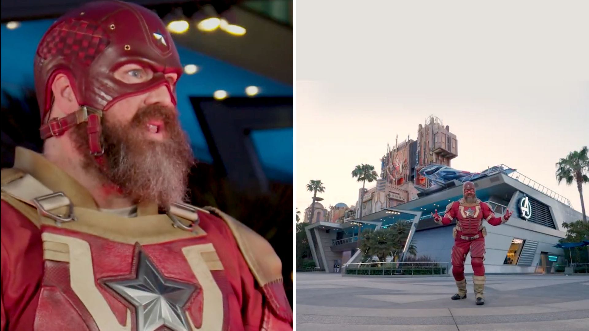 A man dressed as Red Guardian poses at Avengers Campus in Disney California Adventure Park.