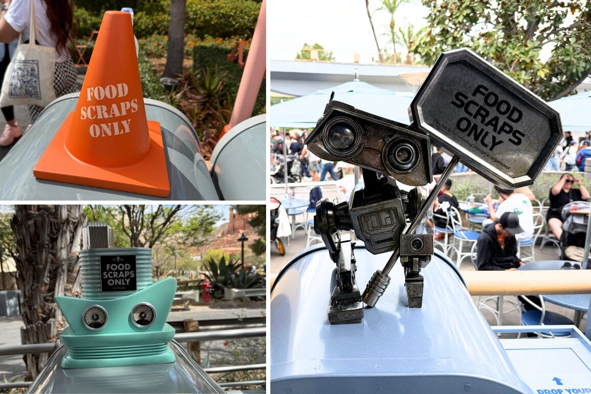 Three themed food scraps signs at Disneyland Resort: a cone, an alien, and a WALL-E robot each hold “Food Scraps Only” signs.